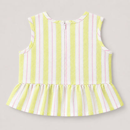 The Magic Wand Woven Sleeveless Stripes Ruffle Hem Top With Bow Detail And Shorts Set -Yellow