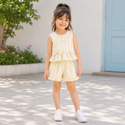 The Magic Wand Woven Sleeveless Stripes Ruffle Hem Top With Bow Detail And Shorts Set -Yellow