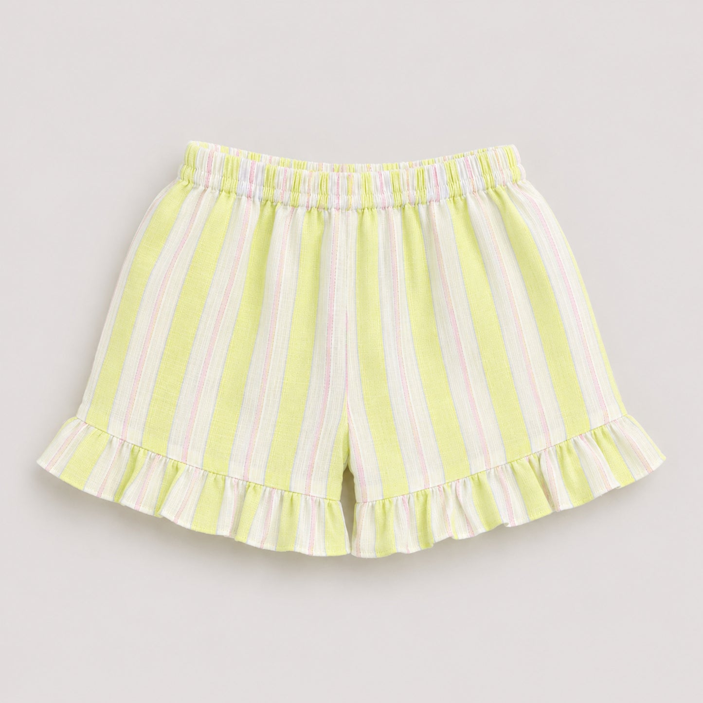 The Magic Wand Woven Sleeveless Stripes Ruffle Hem Top With Bow Detail And Shorts Set -Yellow
