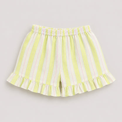 The Magic Wand Woven Sleeveless Stripes Ruffle Hem Top With Bow Detail And Shorts Set -Yellow