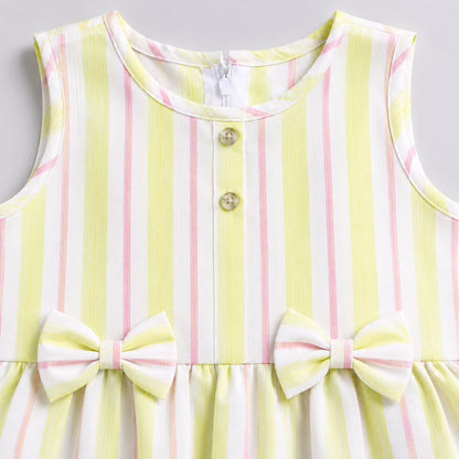 The Magic Wand Woven Sleeveless Stripes Ruffle Hem Top With Bow Detail And Shorts Set -Yellow