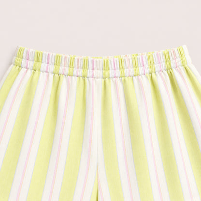 The Magic Wand Woven Sleeveless Stripes Ruffle Hem Top With Bow Detail And Shorts Set -Yellow
