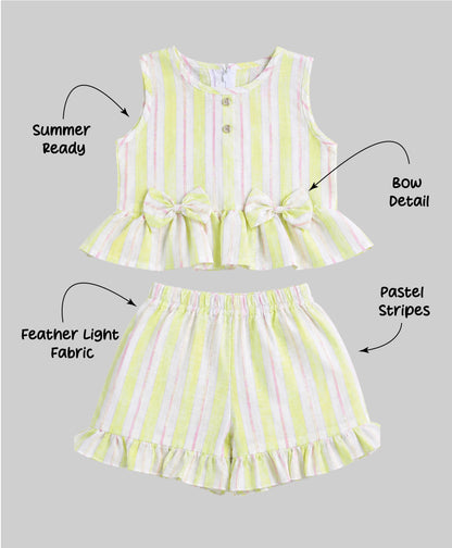 The Magic Wand Woven Sleeveless Stripes Ruffle Hem Top With Bow Detail And Shorts Set -Yellow