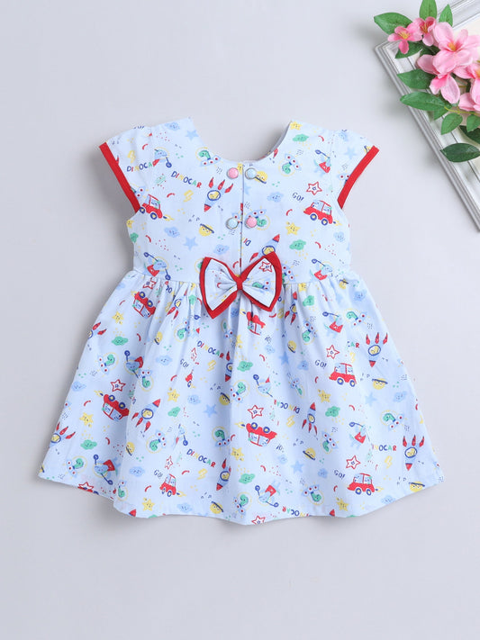 The Magic Wand Cap Sleeves All Over Printed Bow Detail Dress - Blue