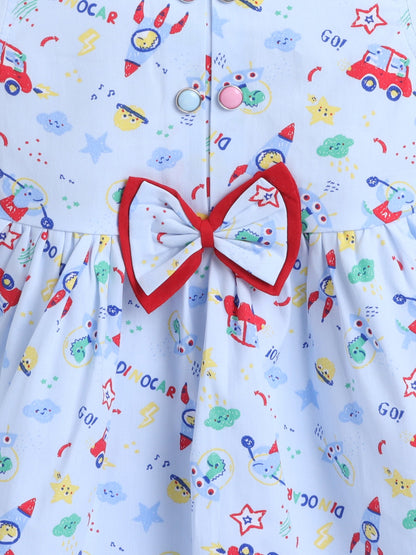 The Magic Wand Cap Sleeves All Over Printed Bow Detail Dress - Blue