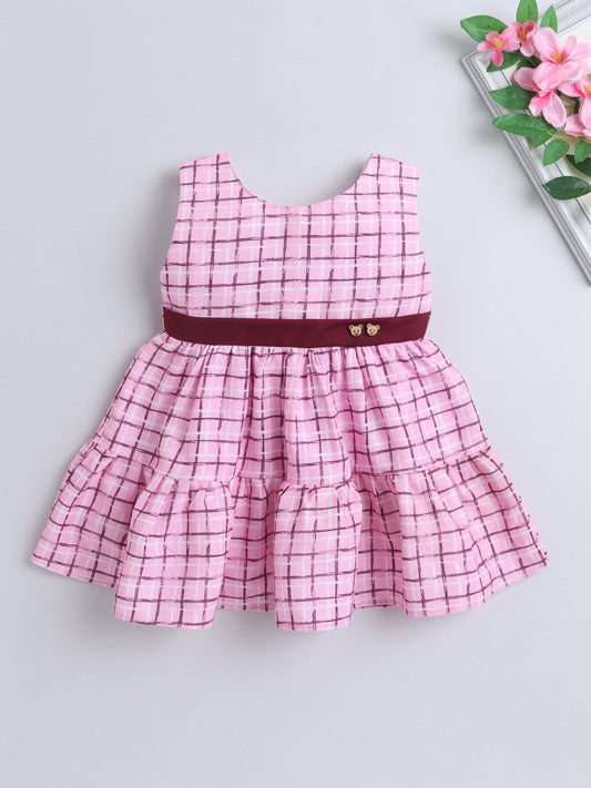 The Magic Wand Sleeveless Chex Printed Tiered Dress - Pink