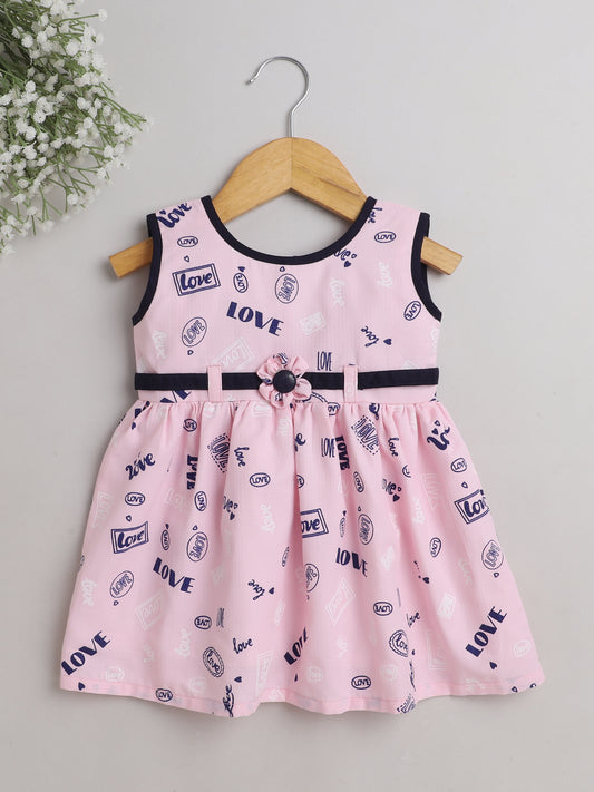 Love Text Printed Flower Applique Sleeveless Dress For Girls-Pink
