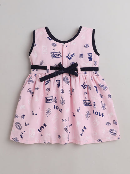 Love Text Printed Flower Applique Sleeveless Dress For Girls-Pink
