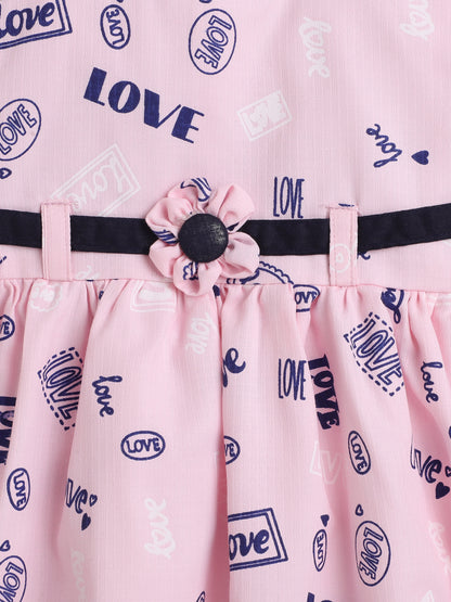 Love Text Printed Flower Applique Sleeveless Dress For Girls-Pink
