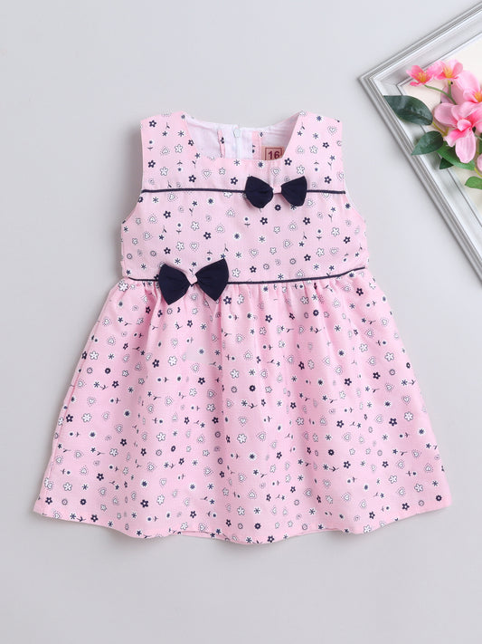 Floral Printed Sleeveless Bow Embelished Dress For Girls- Pink