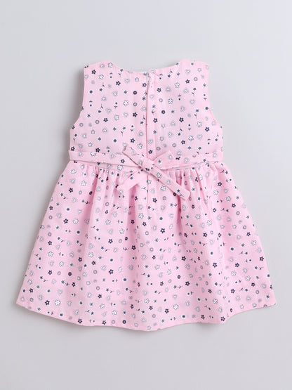 Floral Printed Sleeveless Bow Embelished Dress For Girls- Pink