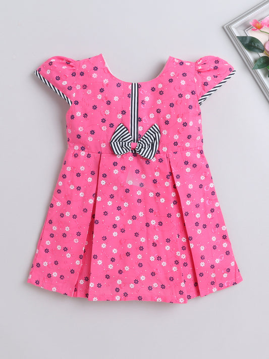 Floral Printed Cap Sleeve Bow Embelished Dress For Girls - Pink
