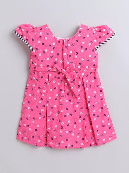 Floral Printed Cap Sleeve Bow Embelished Dress For Girls - Pink