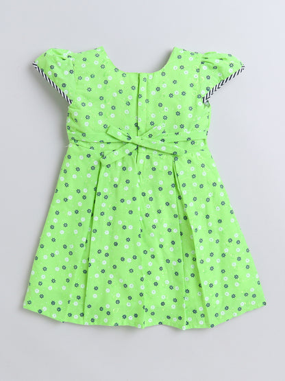 Floral Printed Cap Sleeves Bow Embelished Dress For Girls- Green
