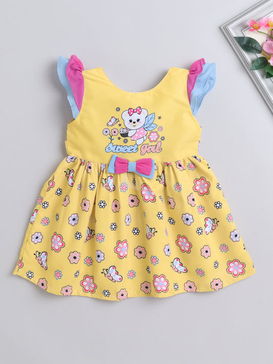 Floral Printed Teddy Print Cap Sleeves Dress For Girls- Yellow