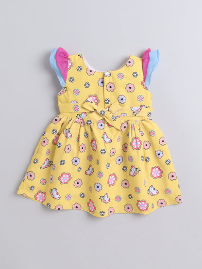 Floral Printed Teddy Print Cap Sleeves Dress For Girls- Yellow