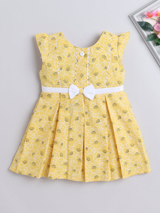 Floral Printed Cap Sleeves Bow Embelished Dress For Girls - Yellow