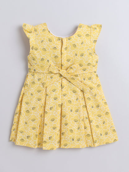 Floral Printed Cap Sleeves Bow Embelished Dress For Girls - Yellow