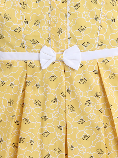 Floral Printed Cap Sleeves Bow Embelished Dress For Girls - Yellow