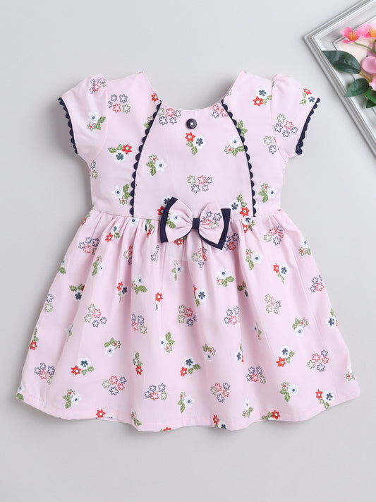 Floral Printed Cap Sleeves Bow Embelished Dress For Girls - Pink