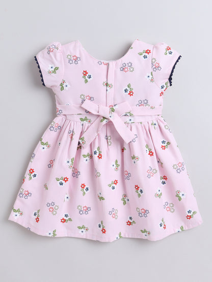 Floral Printed Cap Sleeves Bow Embelished Dress For Girls - Pink