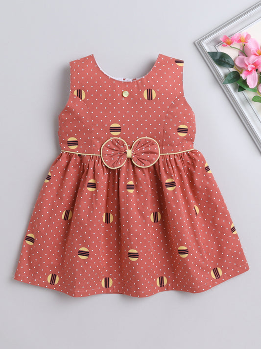 Polka Dots Printed Sleeveless Bow Dress For Girls- Maroon