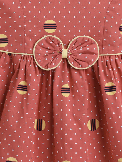 Polka Dots Printed Sleeveless Bow Dress For Girls- Maroon