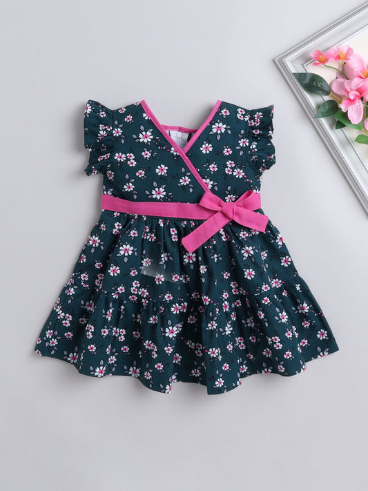 The Magic Wand Solid Bow Embelished Cap Sleeves Dress For Girls- Navy