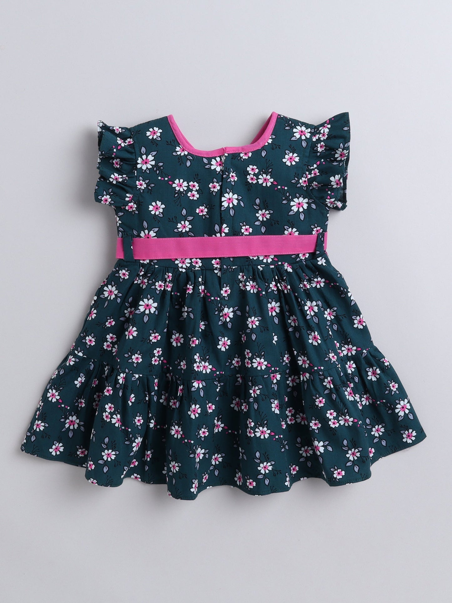 The Magic Wand Solid Bow Embelished Cap Sleeves Dress For Girls- Navy