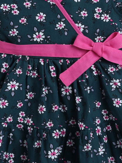 The Magic Wand Solid Bow Embelished Cap Sleeves Dress For Girls- Navy