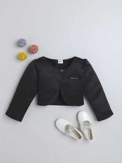 The Magic Wand Satin Full Sleeves Solid Bolero Shrug With Brooch Black