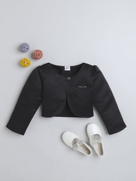 The Magic Wand Satin Full Sleeves Solid Bolero Shrug With Brooch Black