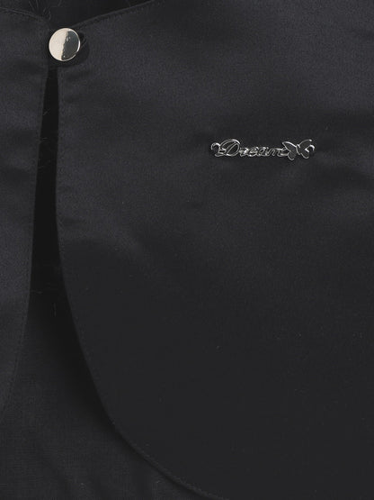 The Magic Wand Satin Full Sleeves Solid Bolero Shrug With Brooch Black