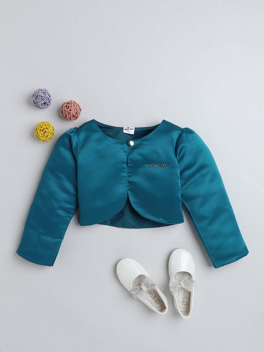The Magic Wand Satin Full Sleeves Solid Bolero Shrug With Brooch Peacock Blue