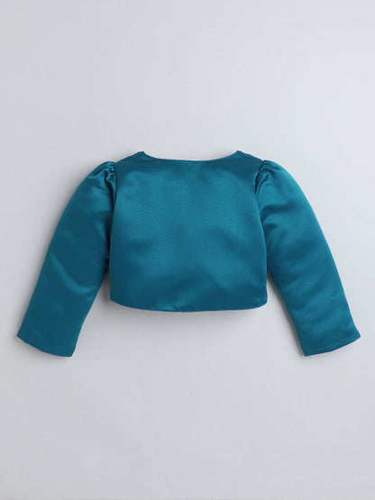 The Magic Wand Satin Full Sleeves Solid Bolero Shrug With Brooch Peacock Blue