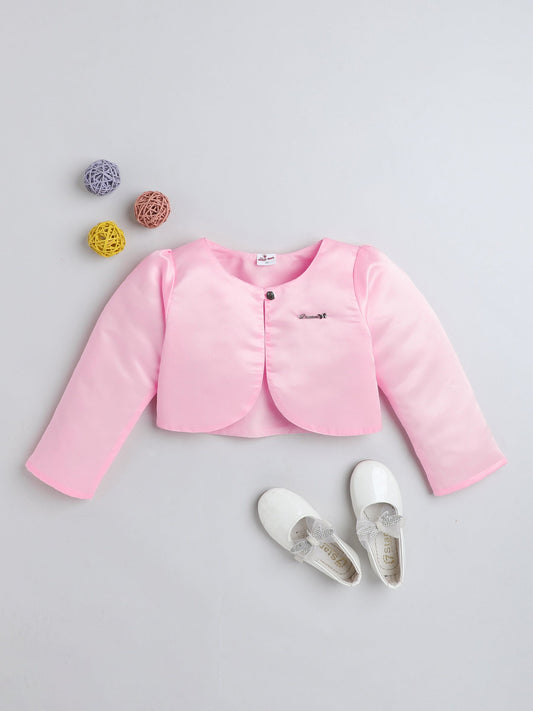 The Magic Wand Satin Full Sleeve Solid Bolero Shrug With Brooch Baby Pink