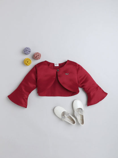 The Magic Wand Satin  Three Fourth Sleeves Solid Bolero Shrug With Brooch Maroon