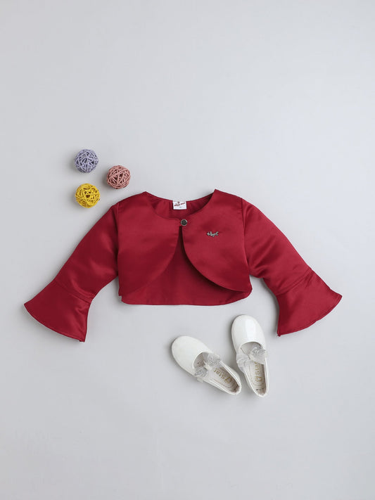 The Magic Wand Satin  Three Fourth Sleeves Solid Bolero Shrug With Brooch Maroon