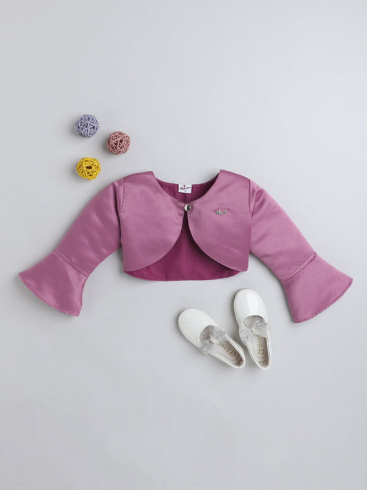The Magic Wand Satin  Three Fourth Sleeves Solid Bolero Shrug With Brooch Pink