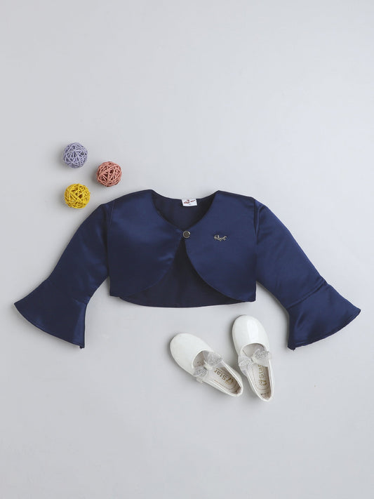 The Magic Wand Satin  Three Fourth Sleeves Solid Bolero Shrug With Brooch Navy Blue