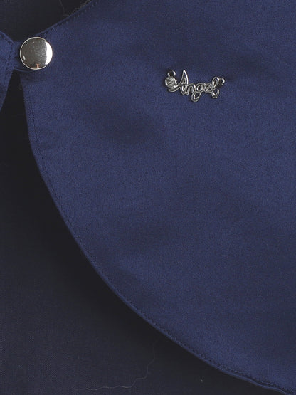 The Magic Wand Satin  Three Fourth Sleeves Solid Bolero Shrug With Brooch Navy Blue