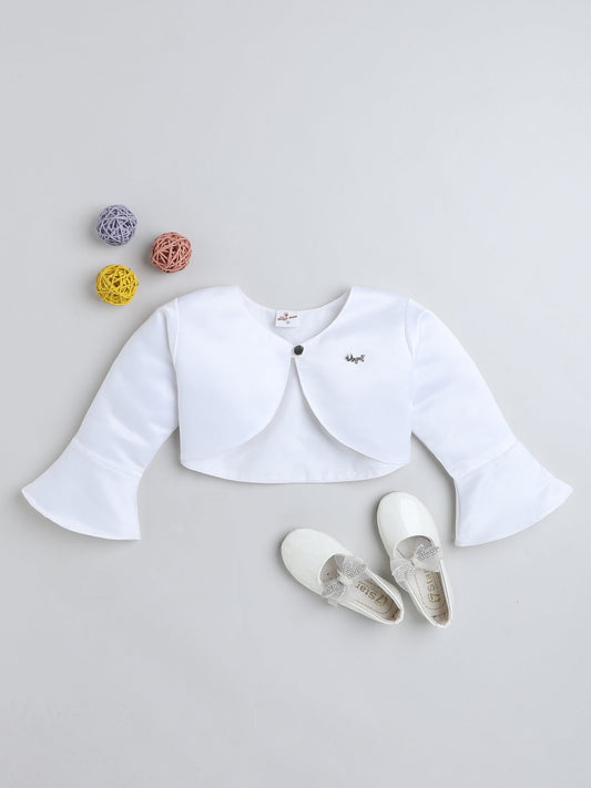 The Magic Wand Satin  Three Fourth Sleeves Solid Bolero Shrug With Brooch White