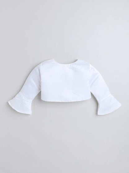 The Magic Wand Satin  Three Fourth Sleeves Solid Bolero Shrug With Brooch White