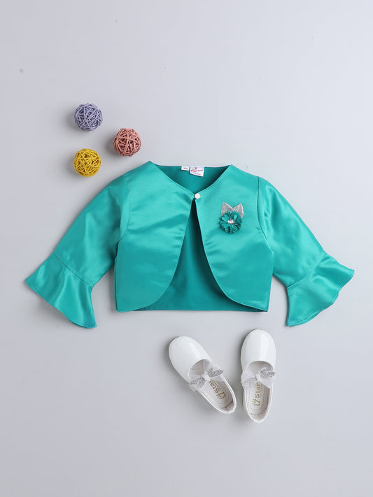 Satin Front Open Round Neck Without Collor Pleated Hem Three Fourth Sleeves Solid Shrug with Corsage For Girls Sea Green