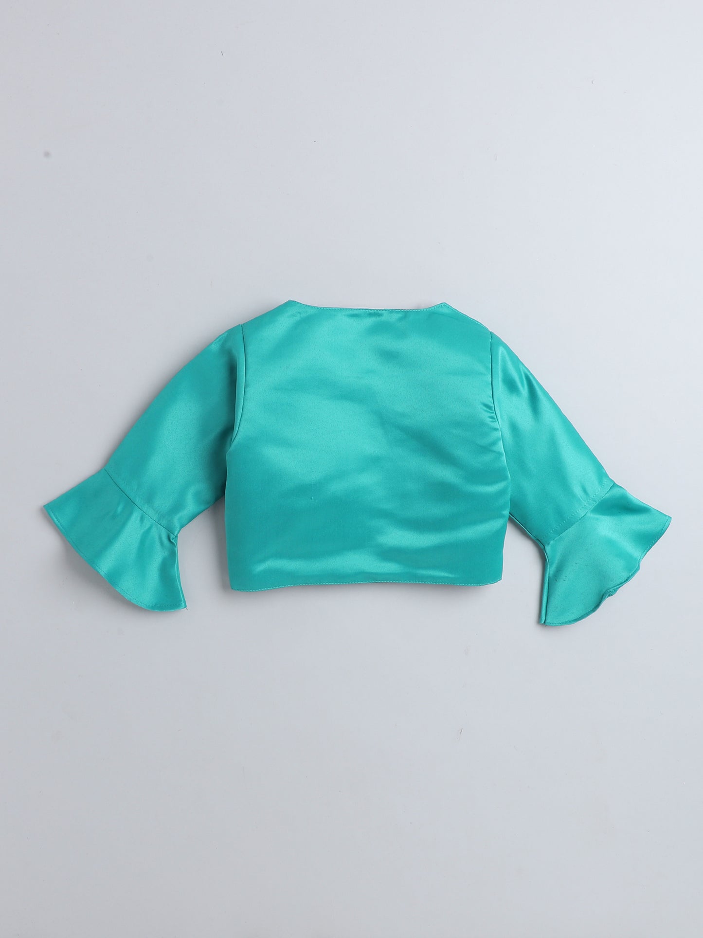 Satin Front Open Round Neck Without Collor Pleated Hem Three Fourth Sleeves Solid Shrug with Corsage For Girls Sea Green