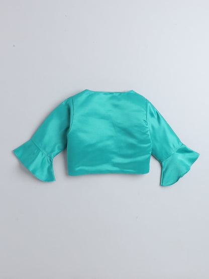 Satin Front Open Round Neck Without Collor Pleated Hem Three Fourth Sleeves Solid Shrug with Corsage For Girls Sea Green