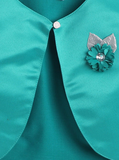 Satin Front Open Round Neck Without Collor Pleated Hem Three Fourth Sleeves Solid Shrug with Corsage For Girls Sea Green