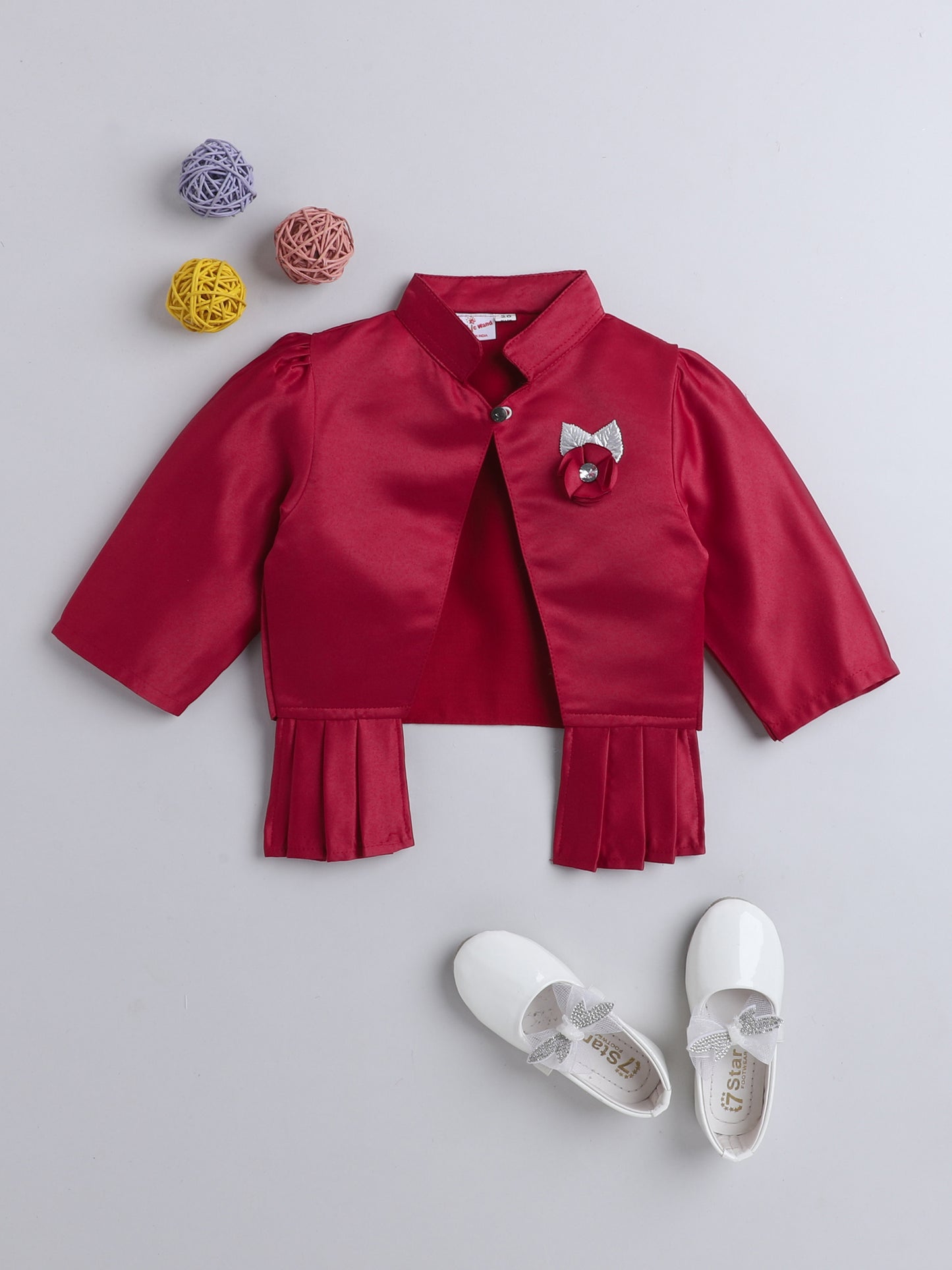 Satin Front Open Round Neck Without Collor Pleated Hem Three Fourth Sleeves Solid Shrug with Corsage For Girls Maroon