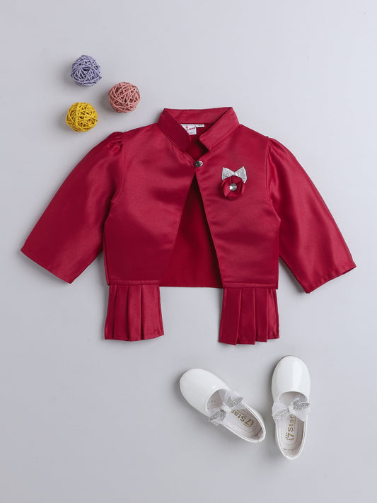 Satin Front Open Round Neck Without Collor Pleated Hem Three Fourth Sleeves Solid Shrug with Corsage For Girls Maroon