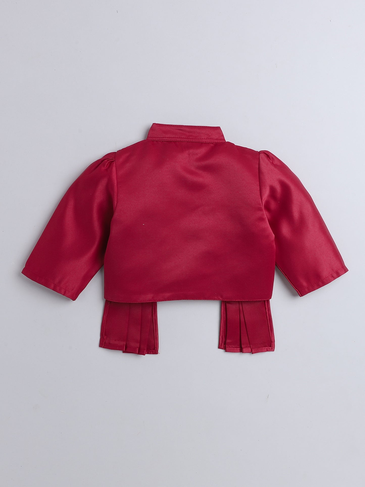 Satin Front Open Round Neck Without Collor Pleated Hem Three Fourth Sleeves Solid Shrug with Corsage For Girls Maroon